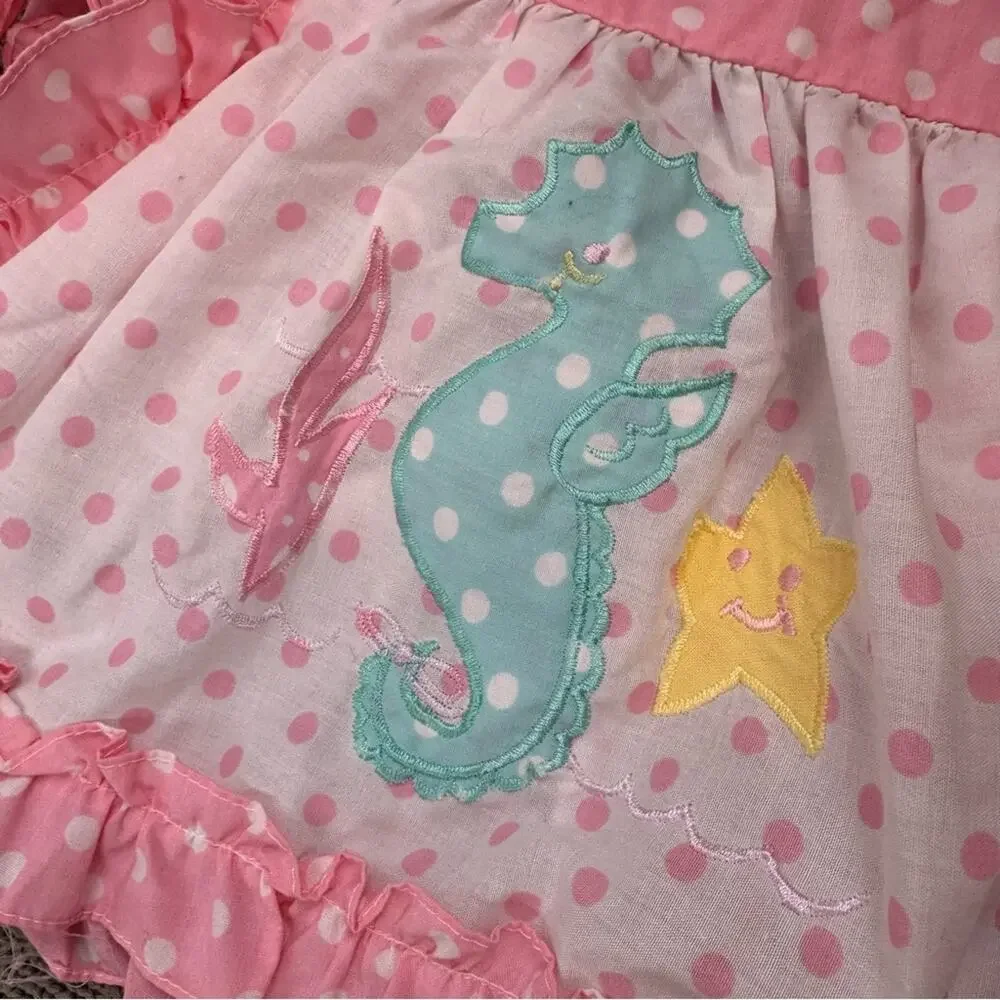 Vintage Broadway Kids Pink Polka Dot Apron Pinnie Tunic Seahorse Design ~9M